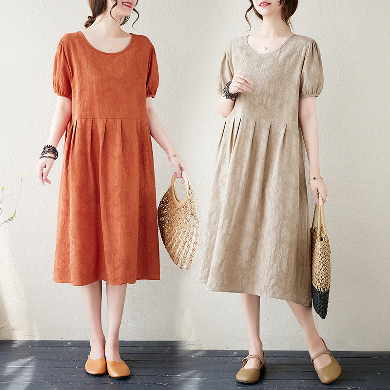 Abito midi in cotone e lino con maniche corte e sbuffo, casual, tinta unita, in jacquard, con scollo a giro Buddha Stones - image 23