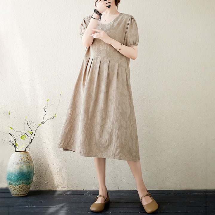 Abito midi in cotone e lino con maniche corte e sbuffo, casual, tinta unita, in jacquard, con scollo a giro Buddha Stones