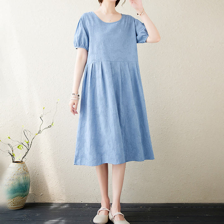 Abito midi in cotone e lino con maniche corte e sbuffo, casual, tinta unita, in jacquard, con scollo a giro Buddha Stones - image 21