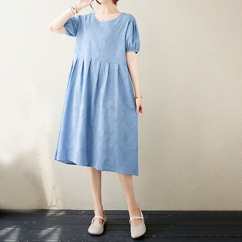 Abito midi in cotone e lino con maniche corte e sbuffo, casual, tinta unita, in jacquard, con scollo a giro Buddha Stones - image 22