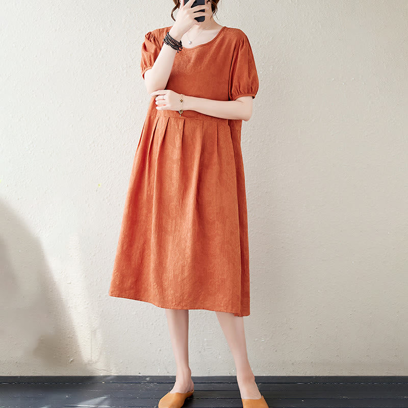 Abito midi in cotone e lino con maniche corte e sbuffo, casual, tinta unita, in jacquard, con scollo a giro Buddha Stones - image 3