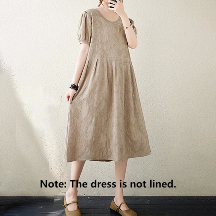 Abito midi in cotone e lino con maniche corte e sbuffo, casual, tinta unita, in jacquard, con scollo a giro Buddha Stones