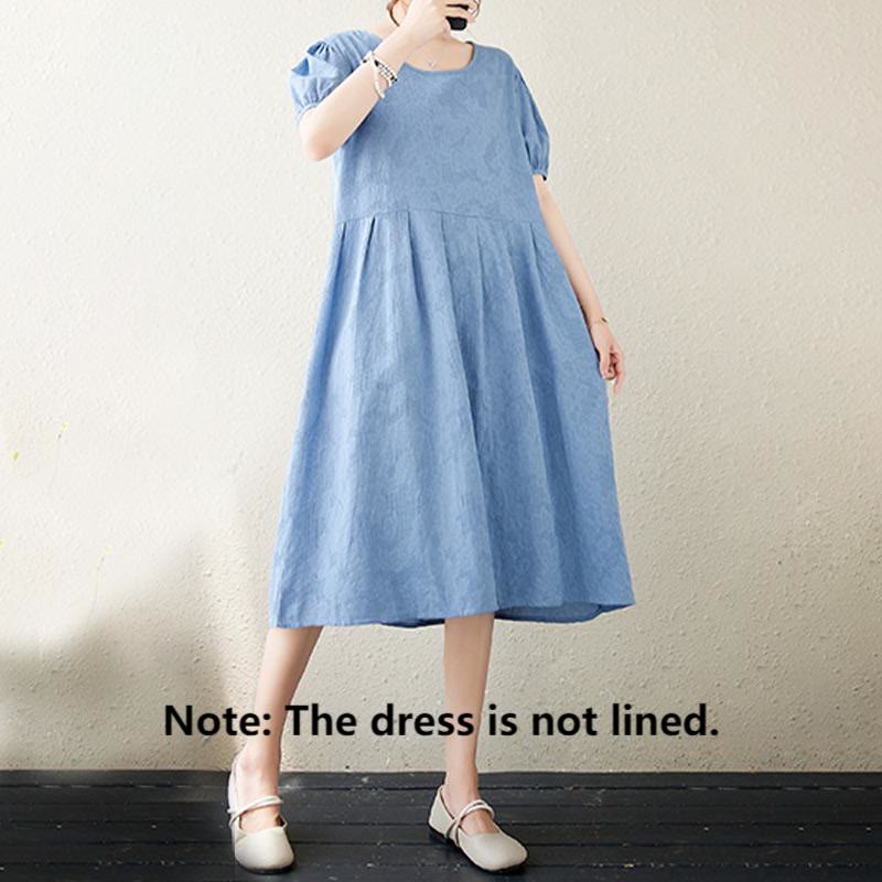 Abito midi in cotone e lino con maniche corte e sbuffo, casual, tinta unita, in jacquard, con scollo a giro Buddha Stones - image 18