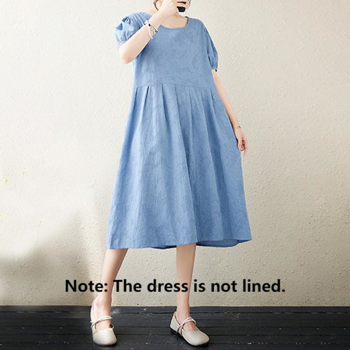 Abito midi in cotone e lino con maniche corte e sbuffo, casual, tinta unita, in jacquard, con scollo a giro Buddha Stones - image 18