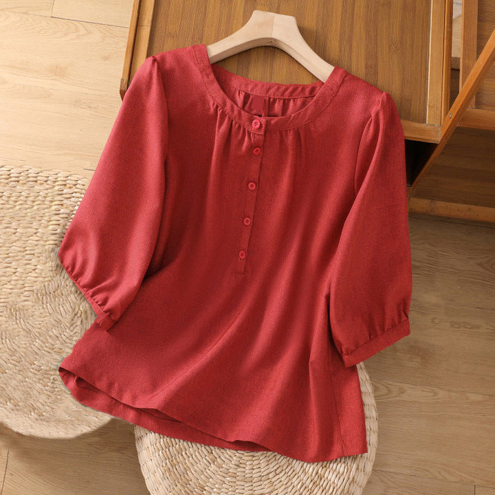 Camicia da donna in cotone e lino con maniche a tre quarti, motivo Buddha Stones, con scollo rotondo e bottoni semplici