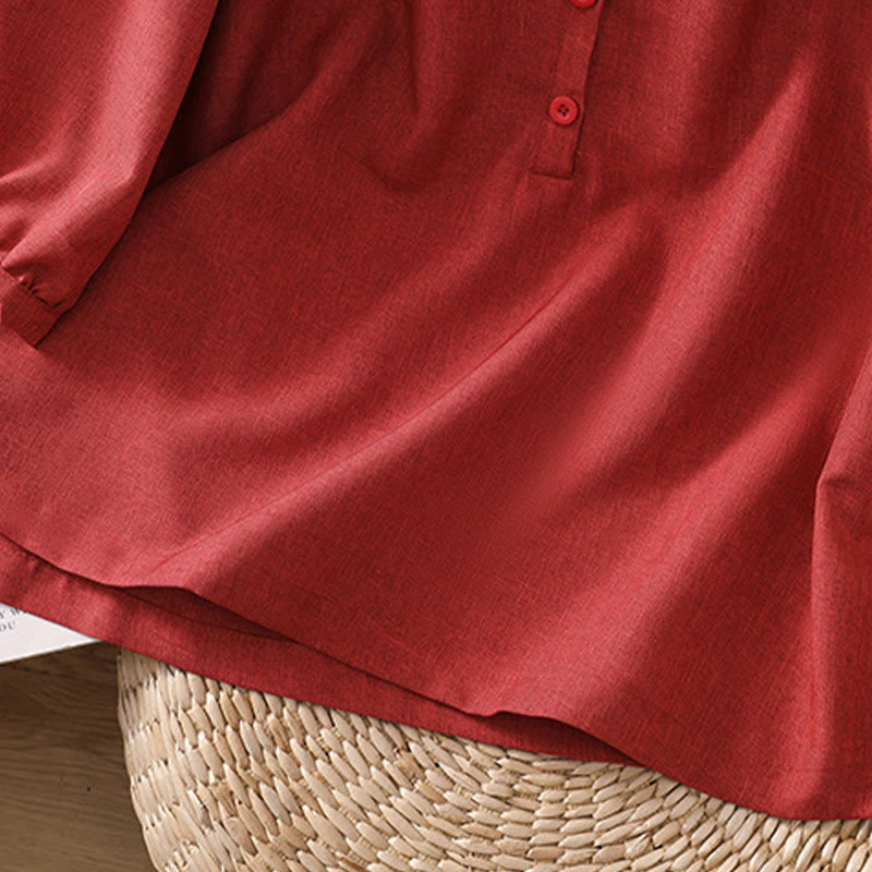 Camicia da donna in cotone e lino con maniche a tre quarti, motivo Buddha Stones, con scollo rotondo e bottoni semplici