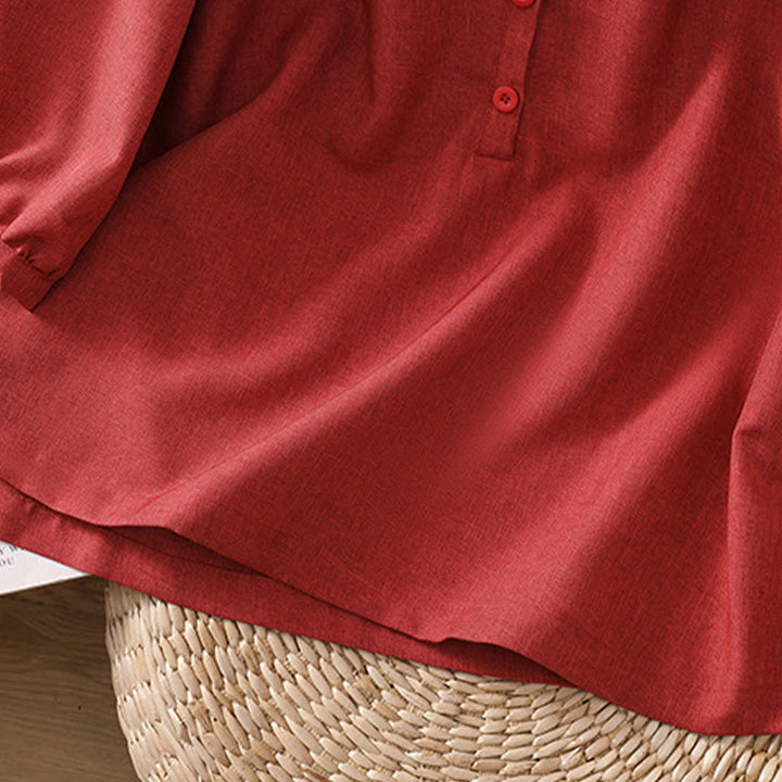 Camicia da donna in cotone e lino con maniche a tre quarti, motivo Buddha Stones, con scollo rotondo e bottoni semplici