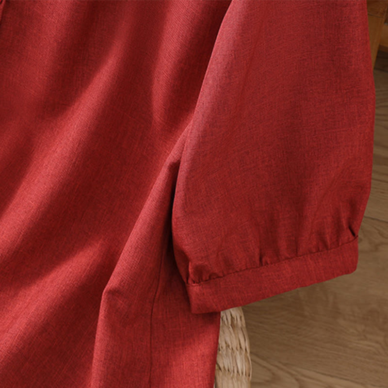 Camicia da donna in cotone e lino con maniche a tre quarti, motivo Buddha Stones, con scollo rotondo e bottoni semplici