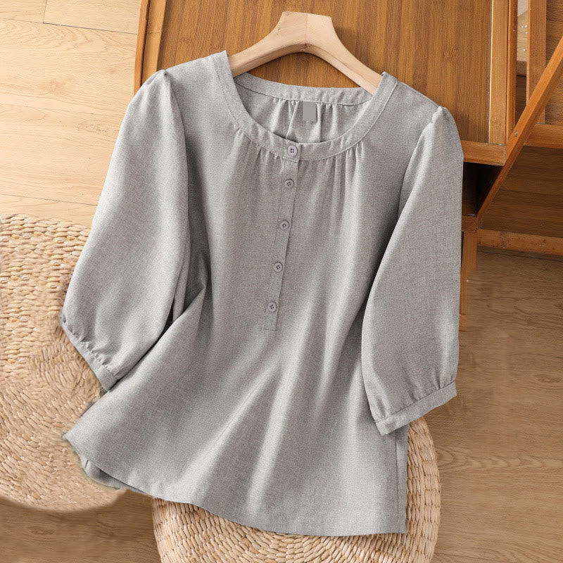 Camicia da donna in cotone e lino con maniche a tre quarti, motivo Buddha Stones, con scollo rotondo e bottoni semplici
