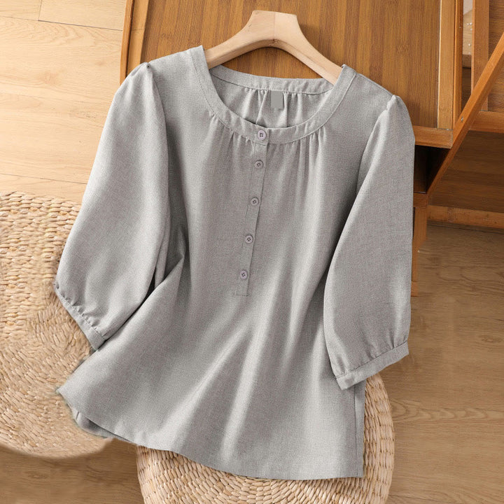 Camicia da donna in cotone e lino con maniche a tre quarti, motivo Buddha Stones, con scollo rotondo e bottoni semplici