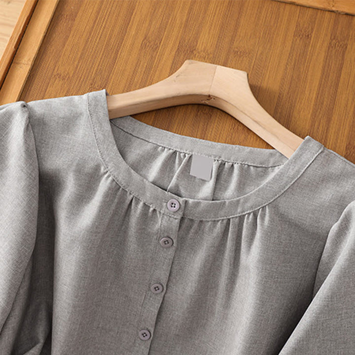 Camicia da donna in cotone e lino con maniche a tre quarti, motivo Buddha Stones, con scollo rotondo e bottoni semplici