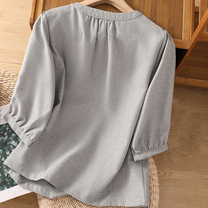 Camicia da donna in cotone e lino con maniche a tre quarti, motivo Buddha Stones, con scollo rotondo e bottoni semplici