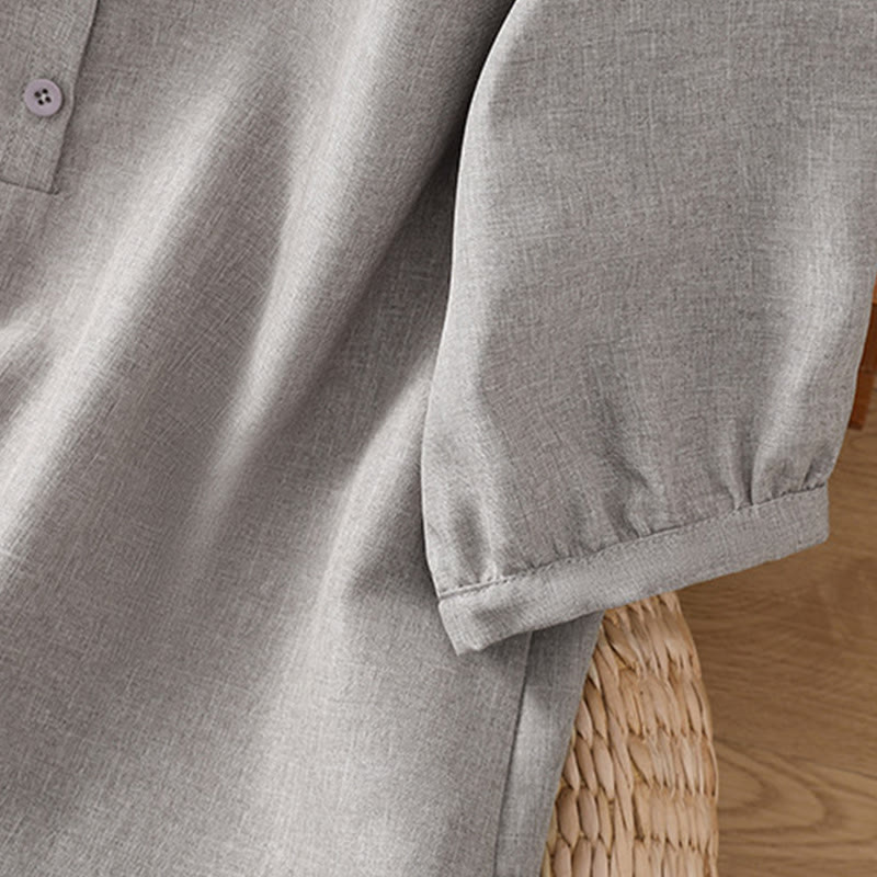 Camicia da donna in cotone e lino con maniche a tre quarti, motivo Buddha Stones, con scollo rotondo e bottoni semplici