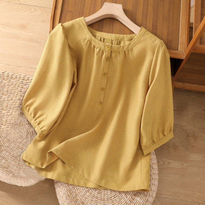 Camicia da donna in cotone e lino con maniche a tre quarti, motivo Buddha Stones, con scollo rotondo e bottoni semplici