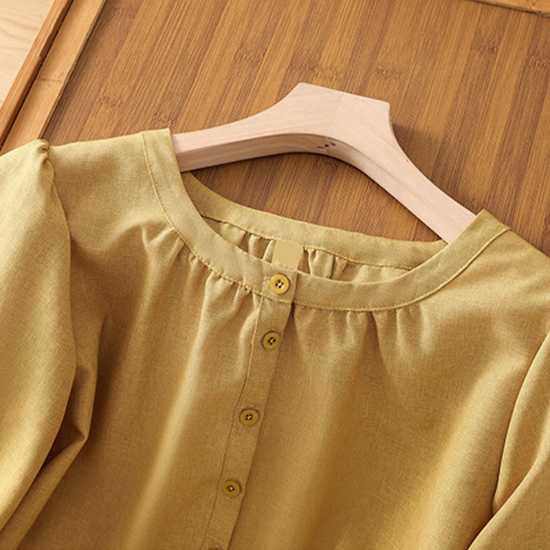 Camicia da donna in cotone e lino con maniche a tre quarti, motivo Buddha Stones, con scollo rotondo e bottoni semplici