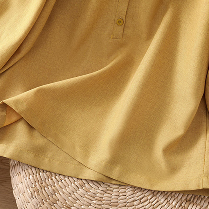 Camicia da donna in cotone e lino con maniche a tre quarti, motivo Buddha Stones, con scollo rotondo e bottoni semplici