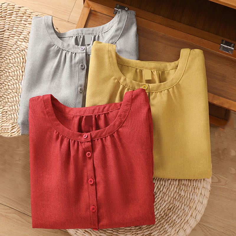 Camicia da donna in cotone e lino con maniche a tre quarti, motivo Buddha Stones, con scollo rotondo e bottoni semplici