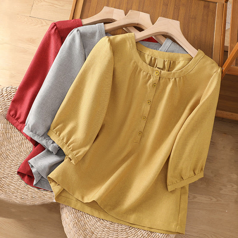 Camicia da donna in cotone e lino con maniche a tre quarti, motivo Buddha Stones, con scollo rotondo e bottoni semplici