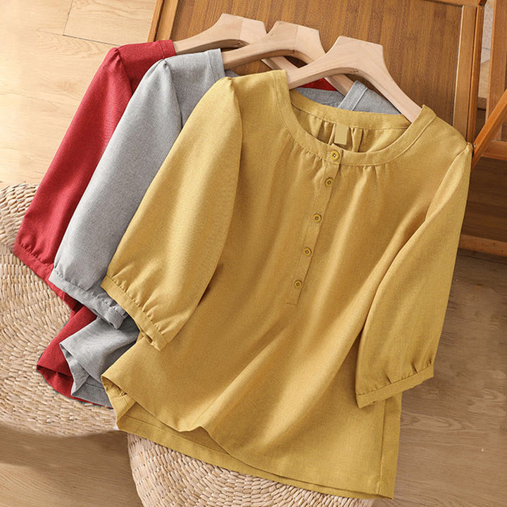 Camicia da donna in cotone e lino con maniche a tre quarti, motivo Buddha Stones, con scollo rotondo e bottoni semplici