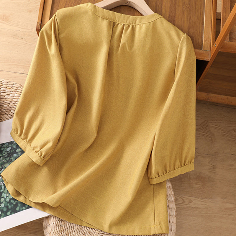 Camicia da donna in cotone e lino con maniche a tre quarti, motivo Buddha Stones, con scollo rotondo e bottoni semplici