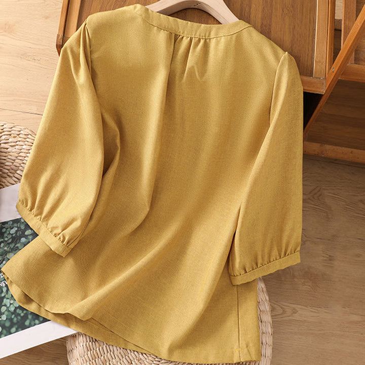 Camicia da donna in cotone e lino con maniche a tre quarti, motivo Buddha Stones, con scollo rotondo e bottoni semplici