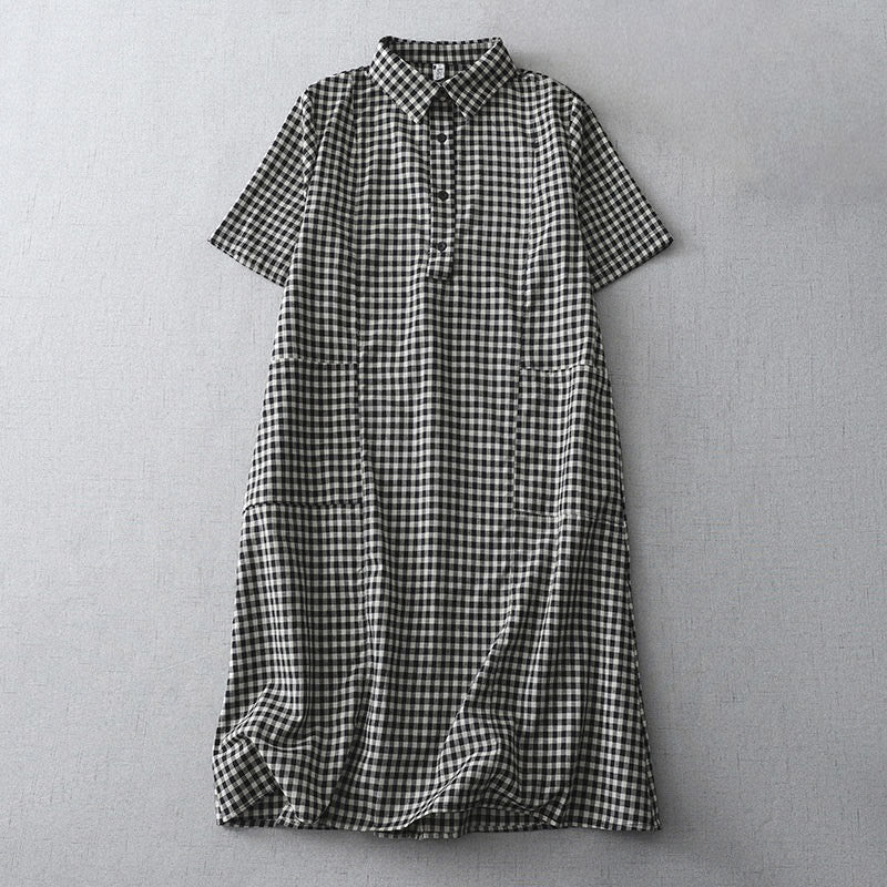 Abito midi in cotone a maniche corte con tasche e revers a motivo scozzese vintage Buddha Stones - Nero - US8-10, UK/AU12-14, EU40-42 (2XL) - image 0