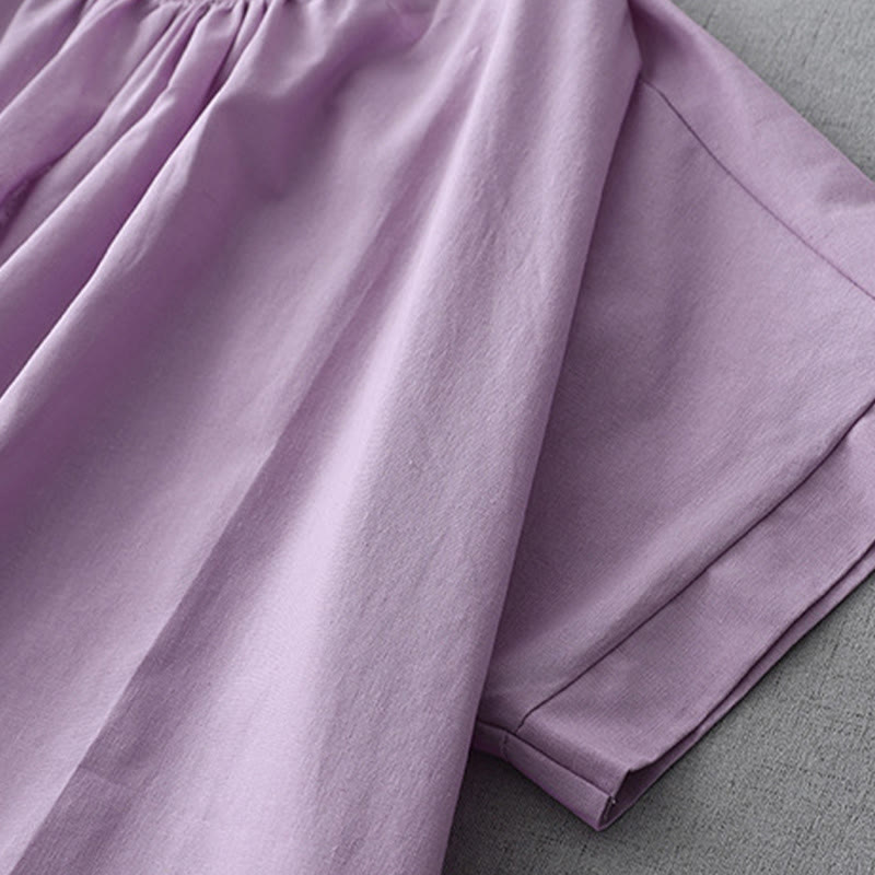 Abito midi in lino e cotone a maniche corte con tasche, stile casual, con bottoni sul retro, stile Buddha Stones, in tinta unita - image 20