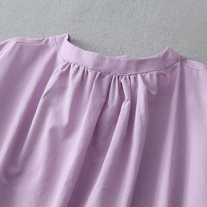 Abito midi in lino e cotone a maniche corte con tasche, stile casual, con bottoni sul retro, stile Buddha Stones, in tinta unita - image 18