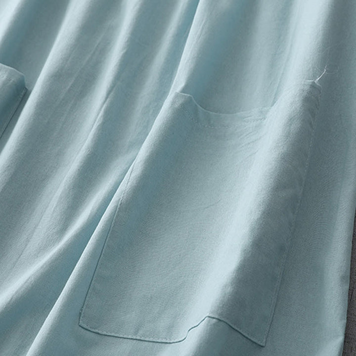 Abito midi in lino e cotone a maniche corte con tasche, stile casual, con bottoni sul retro, stile Buddha Stones, in tinta unita - image 3