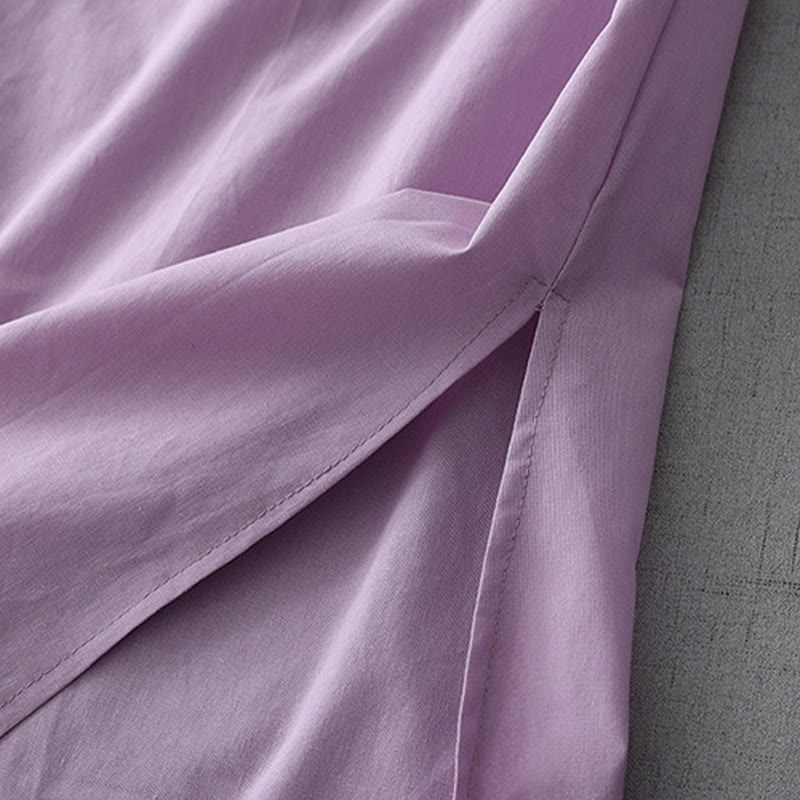 Abito midi in lino e cotone a maniche corte con tasche, stile casual, con bottoni sul retro, stile Buddha Stones, in tinta unita - image 24