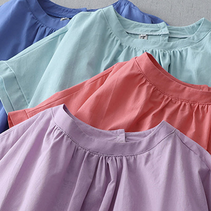 Abito midi in lino e cotone a maniche corte con tasche, stile casual, con bottoni sul retro, stile Buddha Stones, in tinta unita - image 26