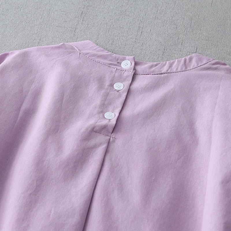 Abito midi in lino e cotone a maniche corte con tasche, stile casual, con bottoni sul retro, stile Buddha Stones, in tinta unita - image 19