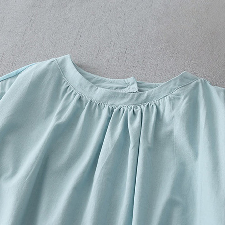 Abito midi in lino e cotone a maniche corte con tasche, stile casual, con bottoni sul retro, stile Buddha Stones, in tinta unita - image 2