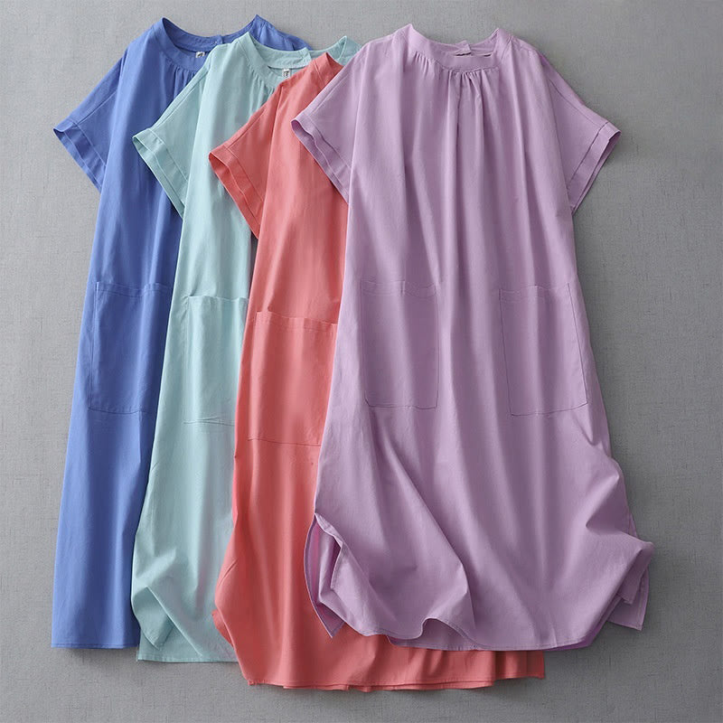 Abito midi in lino e cotone a maniche corte con tasche, stile casual, con bottoni sul retro, stile Buddha Stones, in tinta unita - image 25