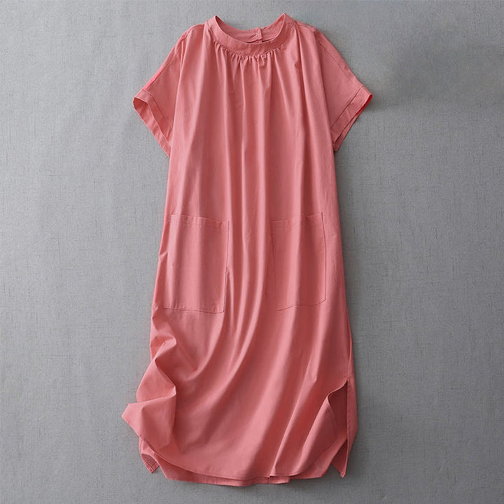 Abito midi in lino e cotone a maniche corte con tasche, stile casual, con bottoni sul retro, stile Buddha Stones, in tinta unita - Pomodoro - US14, UK/AU18, EU46 (2XL) - image 5