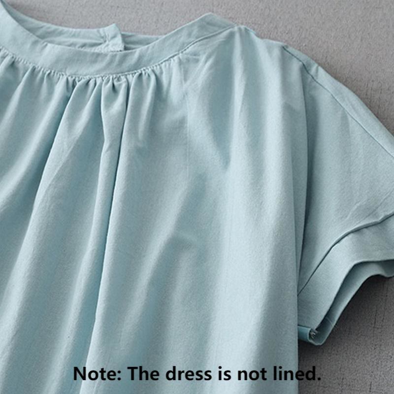 Abito midi in lino e cotone a maniche corte con tasche, stile casual, con bottoni sul retro, stile Buddha Stones, in tinta unita - image 1