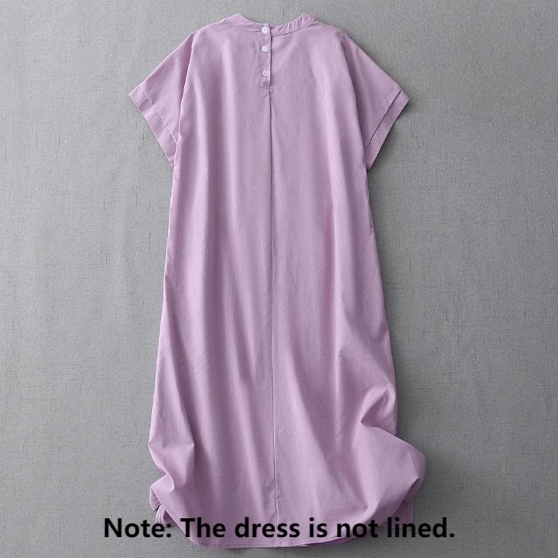 Abito midi in lino e cotone a maniche corte con tasche, stile casual, con bottoni sul retro, stile Buddha Stones, in tinta unita - image 17