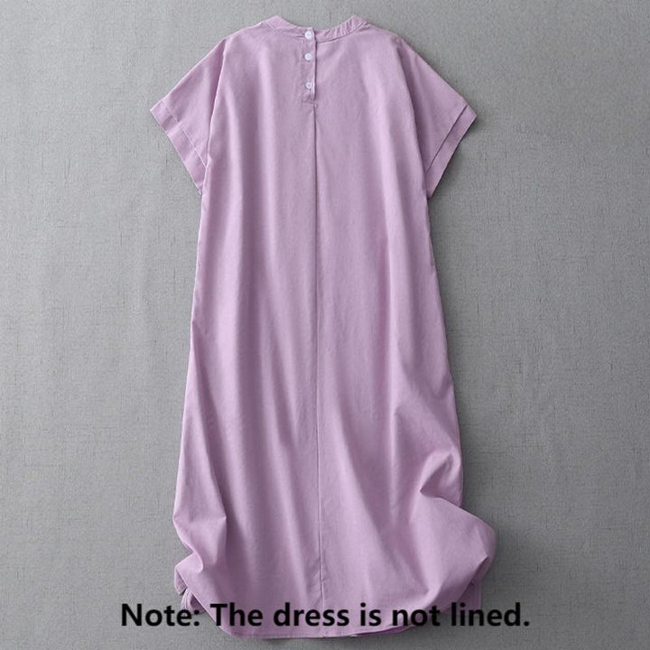 Abito midi in lino e cotone a maniche corte con tasche, stile casual, con bottoni sul retro, stile Buddha Stones, in tinta unita - image 17