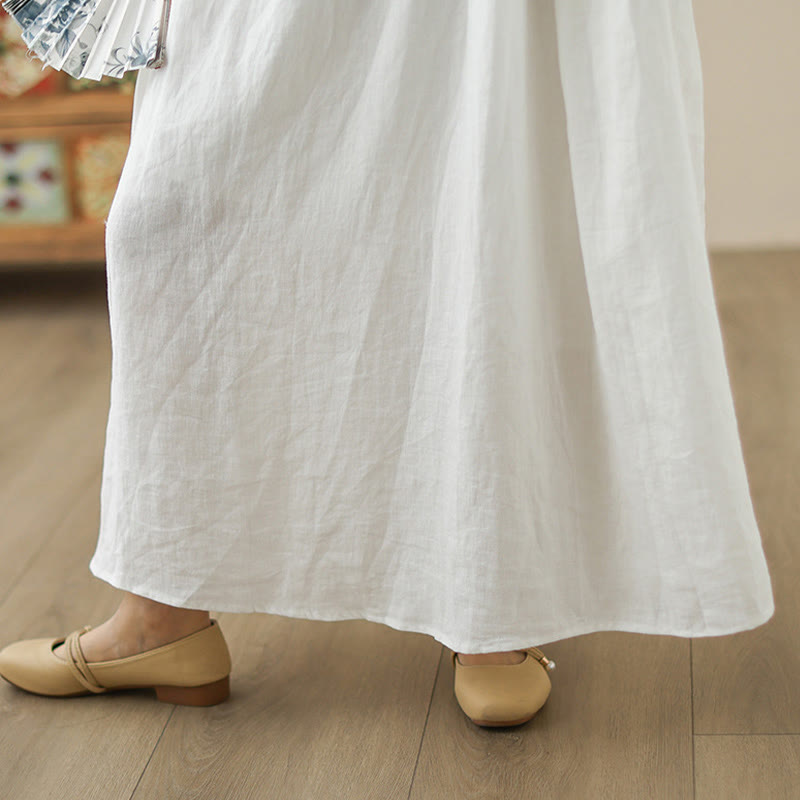 Abito midi in cotone senza maniche con tasche, motivo floreale bianco casual con bottoni sul retro Buddha Stones - image 11