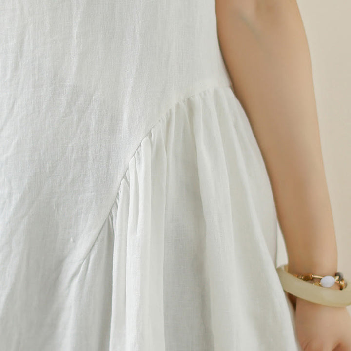 Abito midi in cotone senza maniche con tasche, motivo floreale bianco casual con bottoni sul retro Buddha Stones - image 10