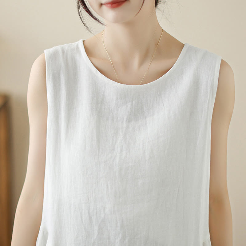 Abito midi in cotone senza maniche con tasche, motivo floreale bianco casual con bottoni sul retro Buddha Stones - image 6