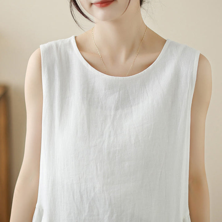 Abito midi in cotone senza maniche con tasche, motivo floreale bianco casual con bottoni sul retro Buddha Stones - image 6