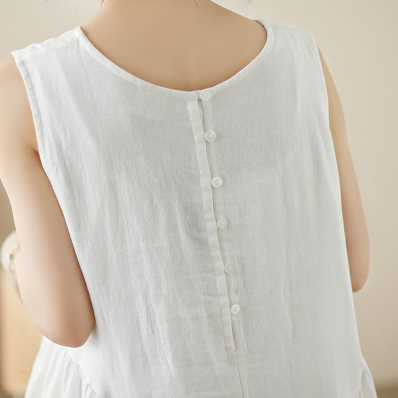 Abito midi in cotone senza maniche con tasche, motivo floreale bianco casual con bottoni sul retro Buddha Stones - image 7