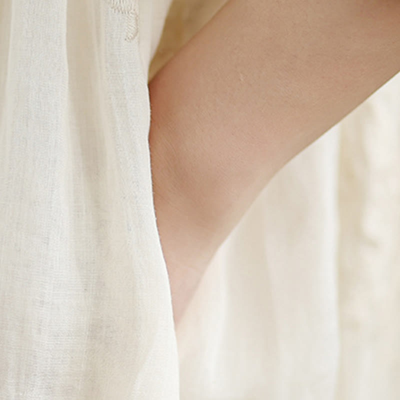 Abito midi in lino e cotone beige con maniche a tre quarti e tasche, ricamo Buddha Stones - image 8