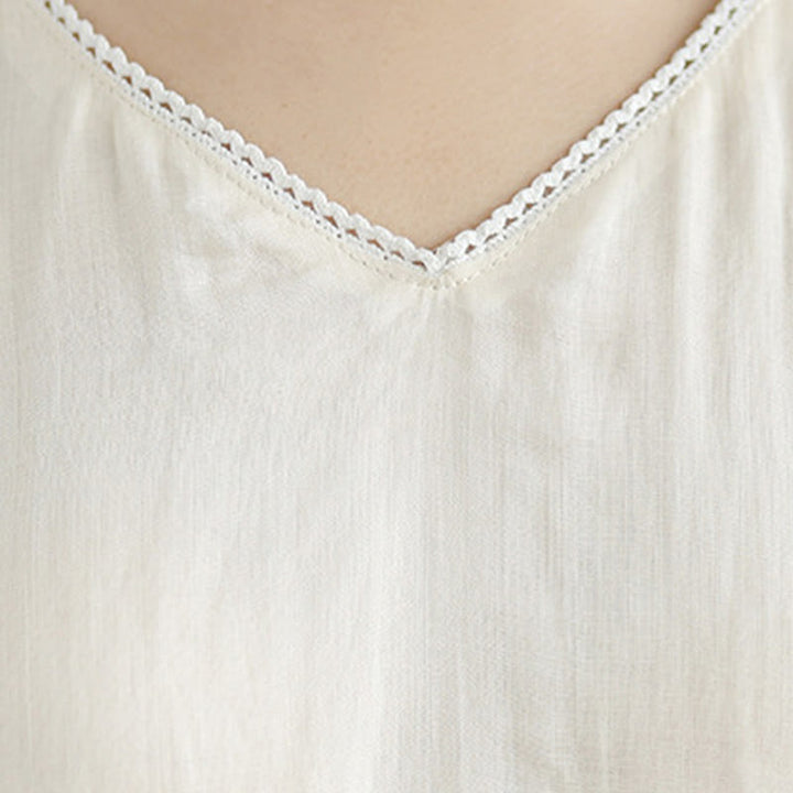 Abito midi in lino e cotone beige con maniche a tre quarti e tasche, ricamo Buddha Stones - image 8