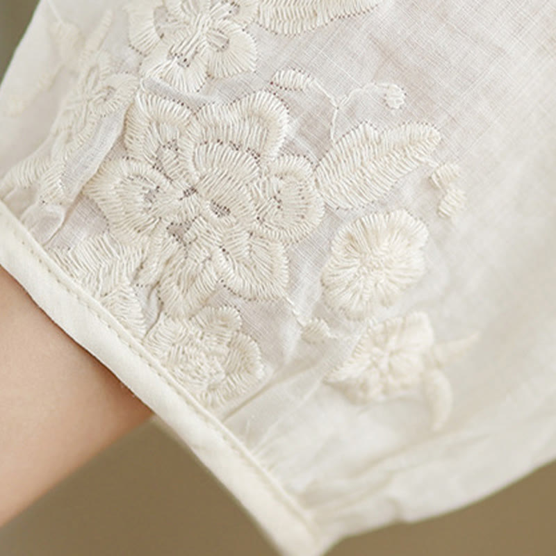 Abito midi in lino e cotone beige con maniche a tre quarti e tasche, ricamo Buddha Stones - image 9