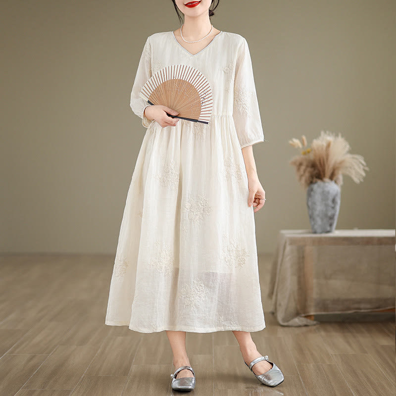 Abito midi in lino e cotone beige con maniche a tre quarti e tasche, ricamo Buddha Stones - Beige - US8-10, UK/AU12-14, EU40-42 (2XL) - image 1