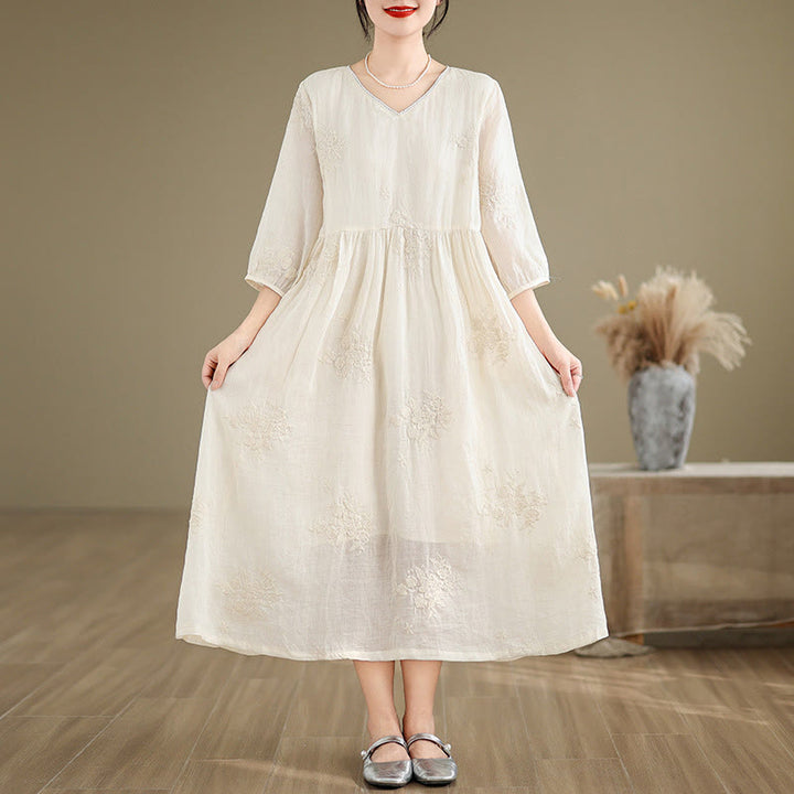 Abito midi in lino e cotone beige con maniche a tre quarti e tasche, ricamo Buddha Stones - image 3