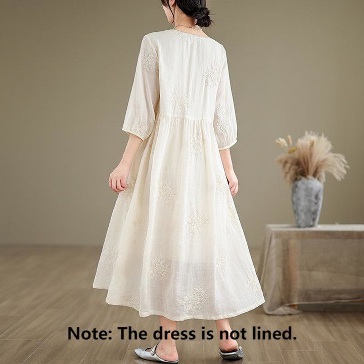 Abito midi in lino e cotone beige con maniche a tre quarti e tasche, ricamo Buddha Stones - image 1