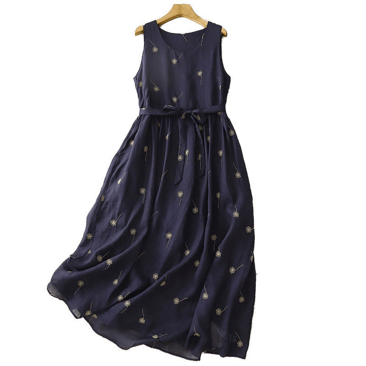 Abito midi in cotone senza maniche con stampa Buddha Stones blu notte, design allacciato e tasche - image 11